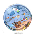 Square blue water sensory playmat for cats with floating fish toys inside, shown inflated on a floor.