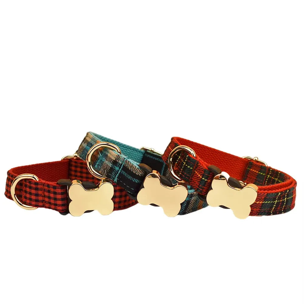 Flat nylon dog collar with a printed grid pattern and a bone-shaped buckle.