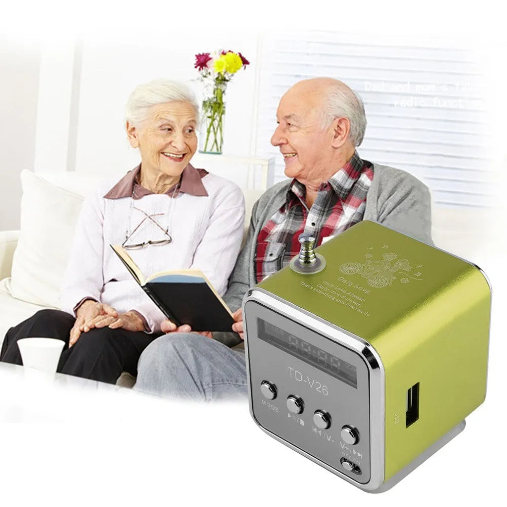 TD-V26 portable mini FM radio speaker MP3 player with LCD display and aluminium alloy body in silver
