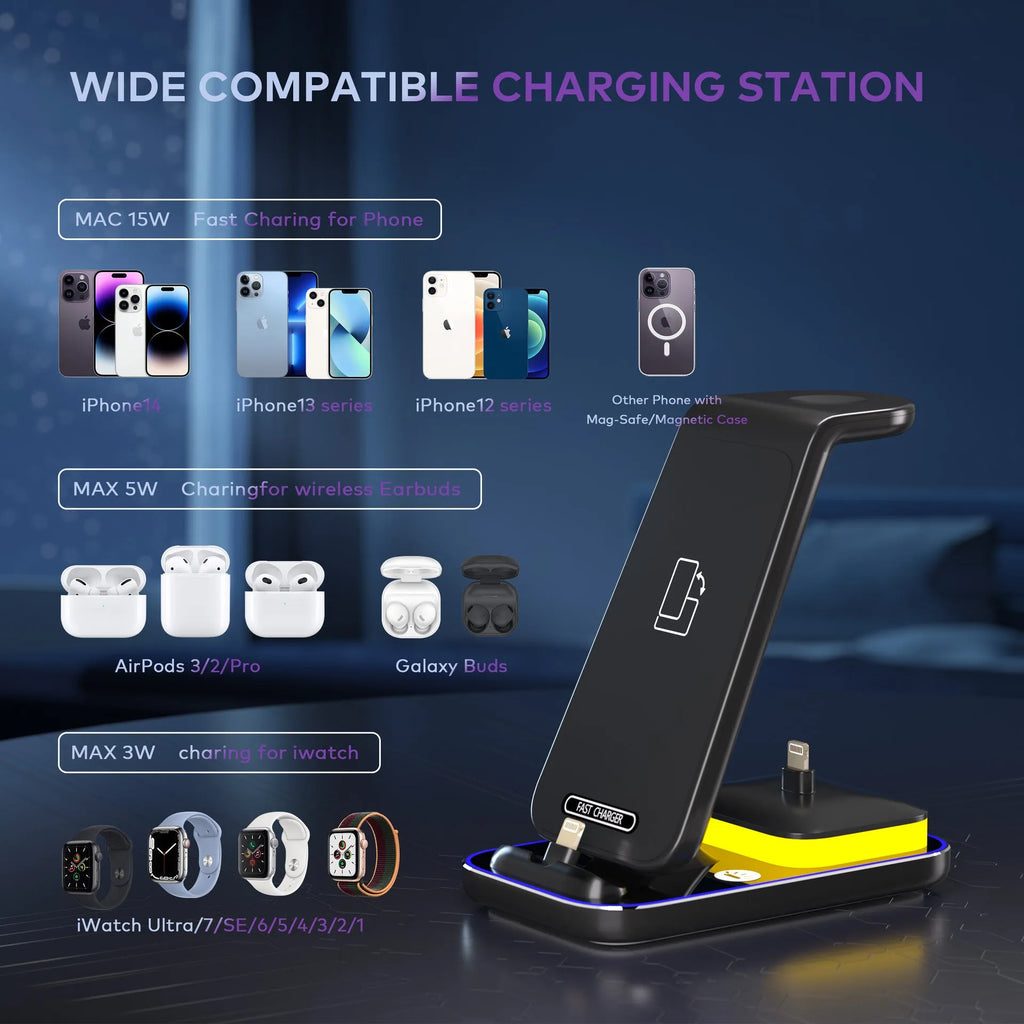 Black vertical wireless charger showing phone, smartwatch and earbuds charging simultaneously