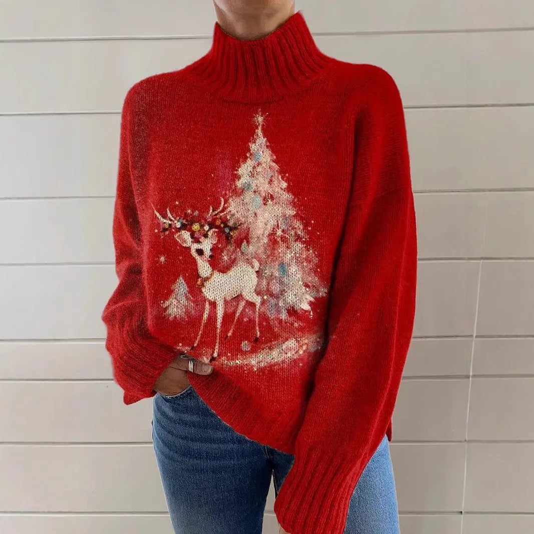 Women's loose-fit Christmas printed turtleneck sweater in a soft macaron colour.