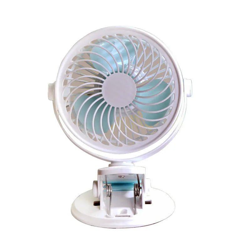 Small USB desktop fan in white plastic with three blades, shown as both clip-mounted and floor-standing versions