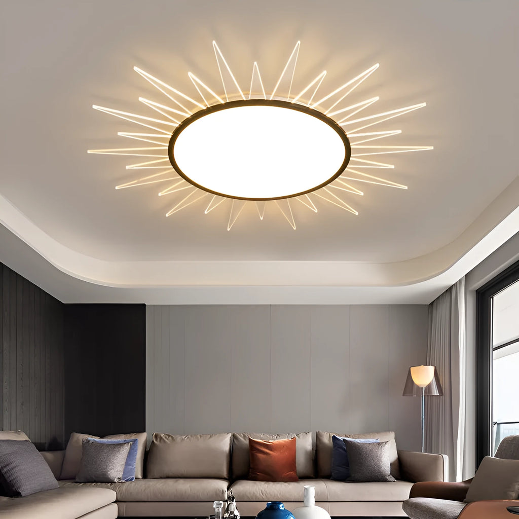 Modern round aluminium LED ceiling lamp with remote control for dimming and changing light colour.