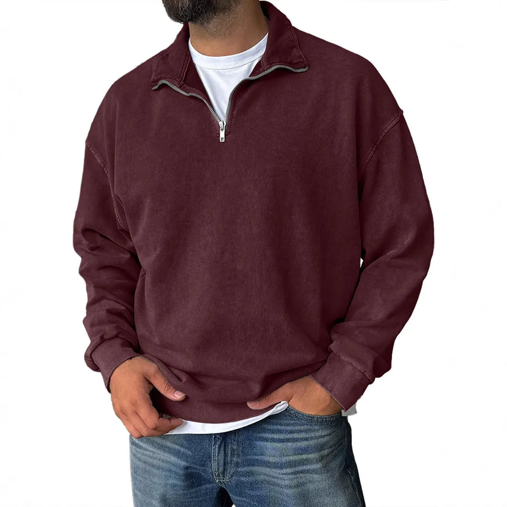 Men's loose drop shoulder sweatshirt with stand collar, 100% cotton, long sleeve pullover in solid colours, sizes S to 4XL