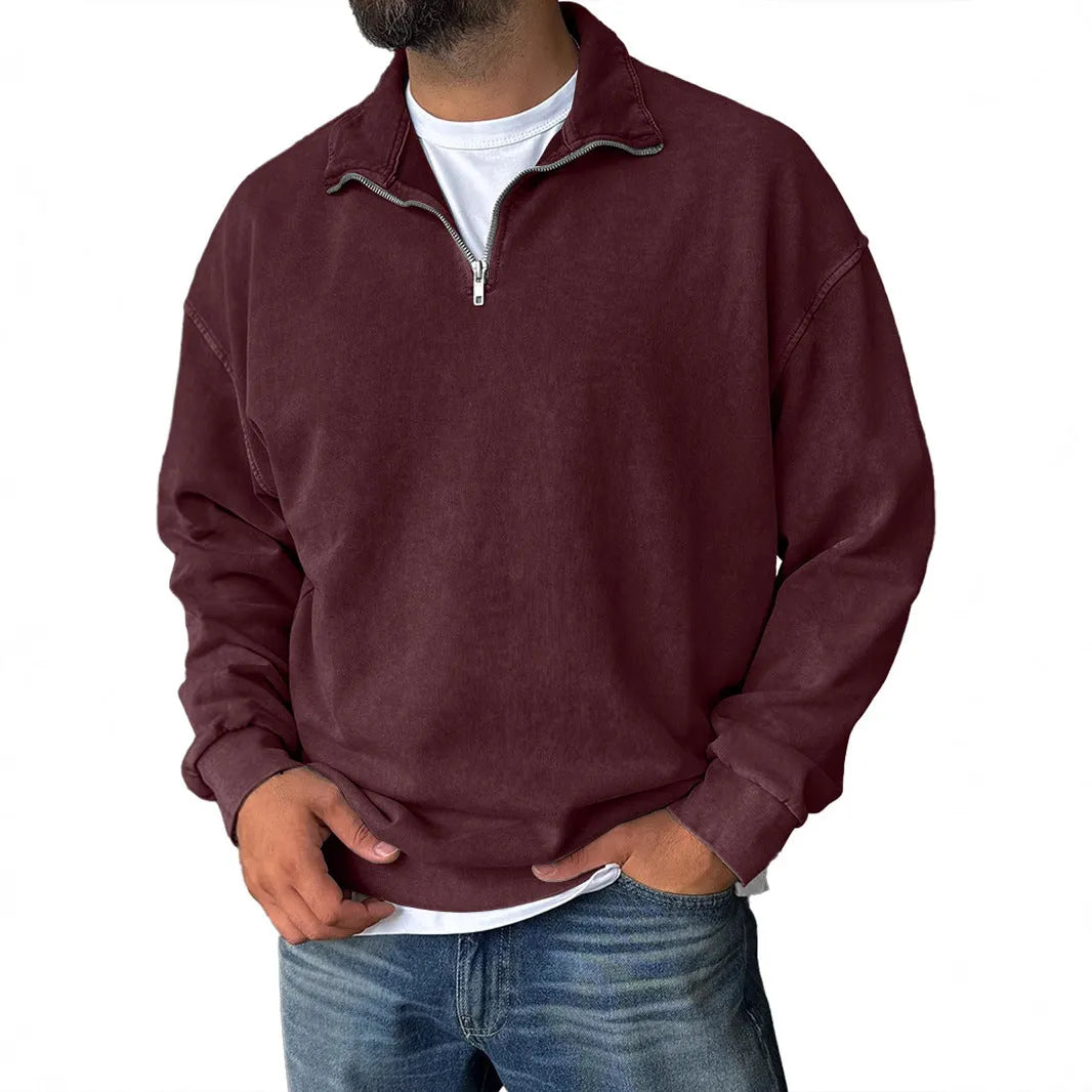 Men's loose drop shoulder sweatshirt with stand collar, 100% cotton, long sleeve pullover in solid colours, sizes S to 4XL