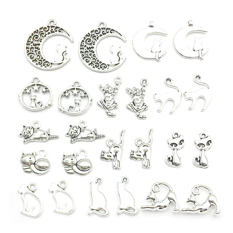 24 mixed ancient silver zinc alloy cat pendant charms with retro style on white background