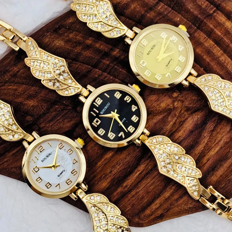 Slim stainless steel women's watch with round dial, shown in gold, black and gold, and white and gold colour variations.