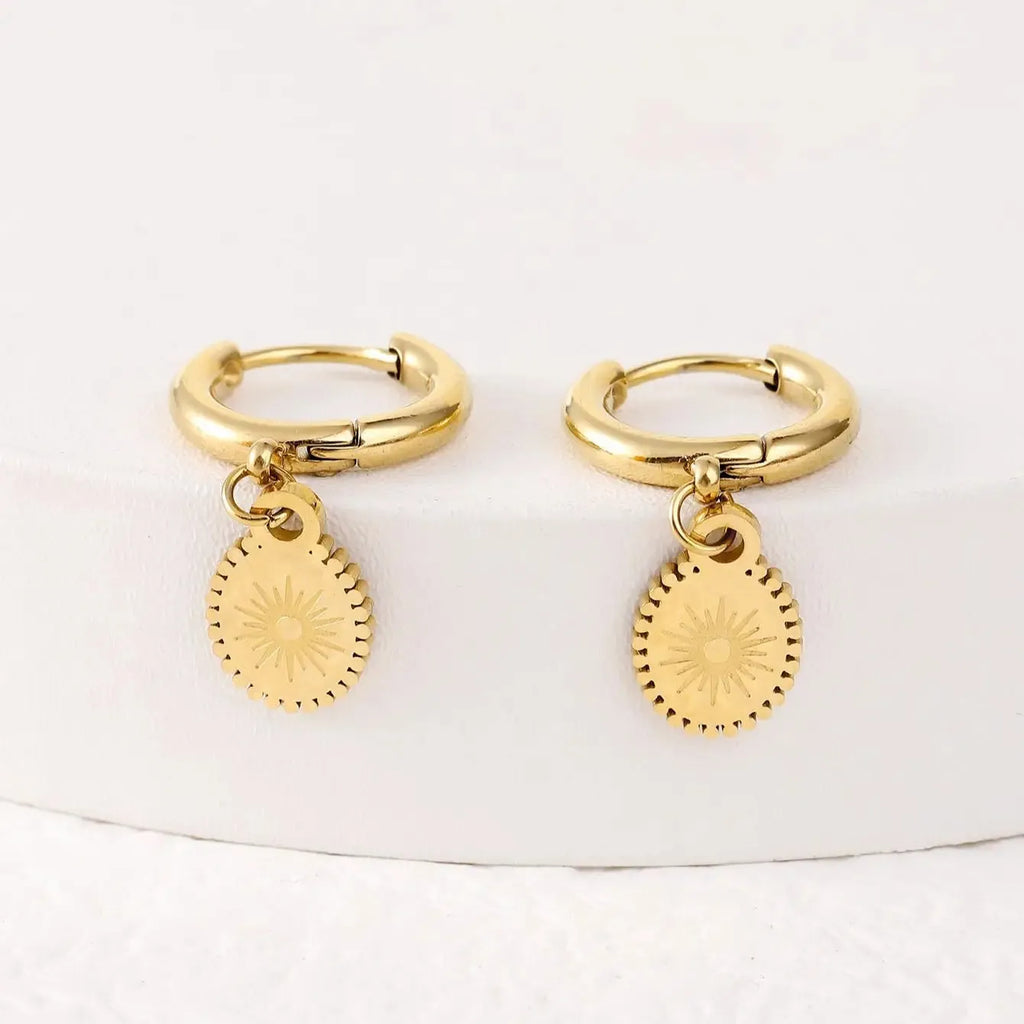 A pair of stainless steel ellipse-shaped button earrings for women on a plain background.