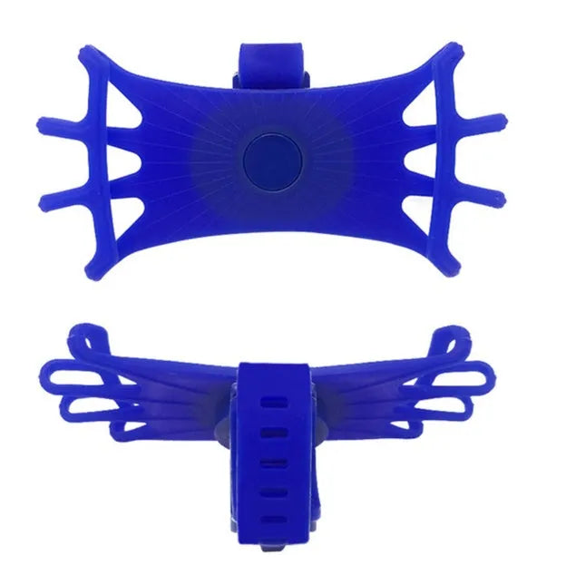Universal bicycle mobile phone holder in black silicone on handlebar, showing front screen grip and mount belt