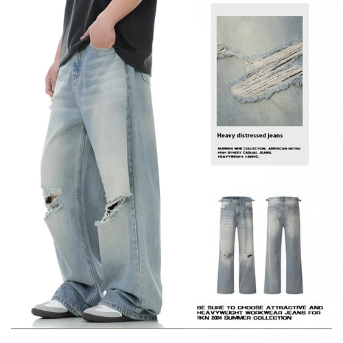 Blue men's straight-leg jeans with ripped detailing on a cotton blend fabric