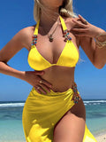 Three-piece swimsuit set with bikini top, pants, and long mesh skirt in rose red or yellow