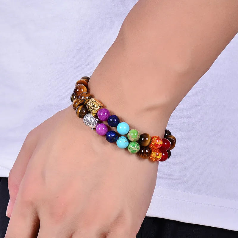 Seven chakra natural stone and tiger eye beaded bracelet with adjustable rope in gold or silver