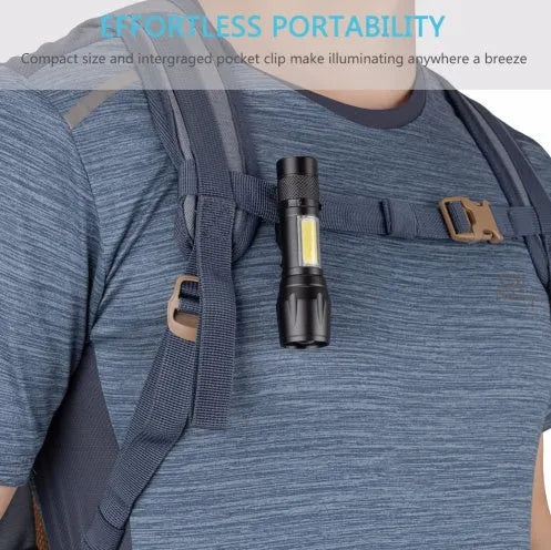 Black mini telescopic aluminum alloy LED flashlight with adjustable focus and clip.