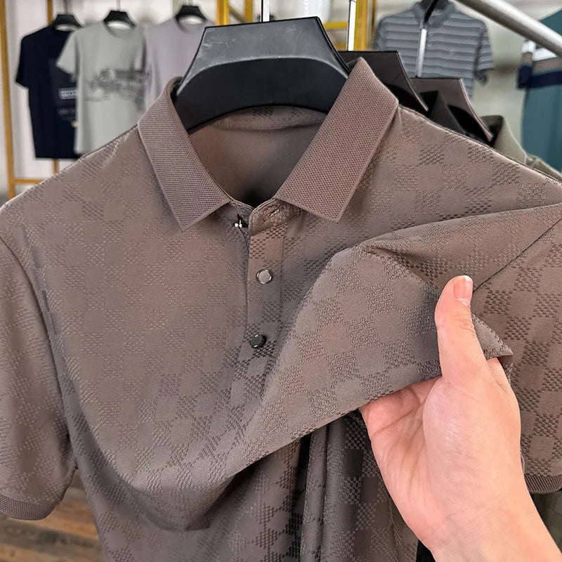 Rhombus thin ice silk V-neck short sleeve T-shirt on a hanger, showing slit hem detail.