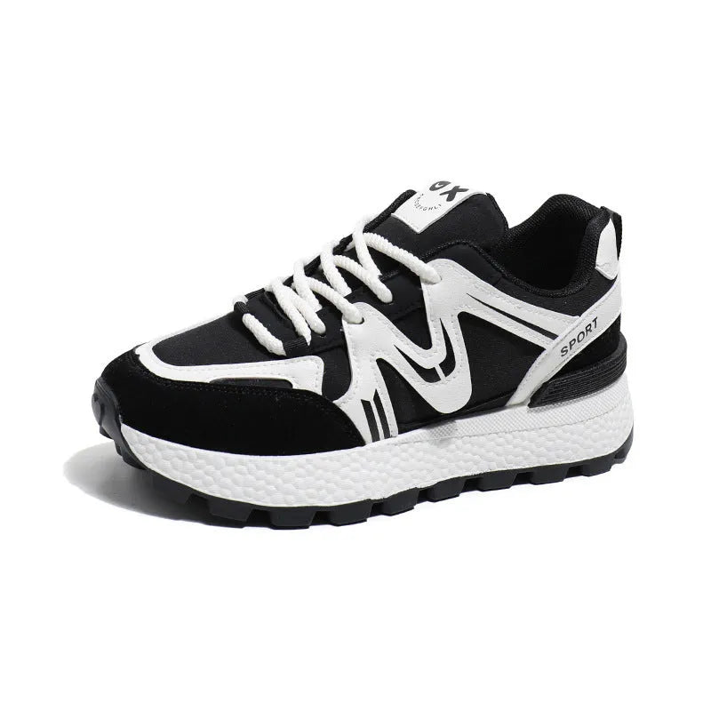 Women's black flat platform casual shoes with round toe and front lace-up, made from artificial PU with cotton lining.