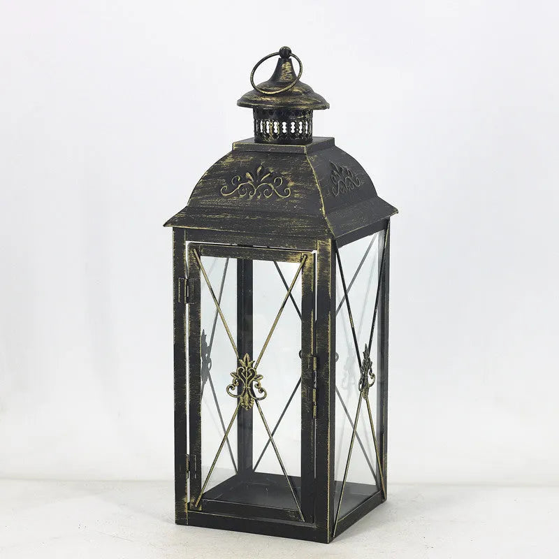European style wrought iron floor-standing storm lantern with tempered glass panels in black or white finish