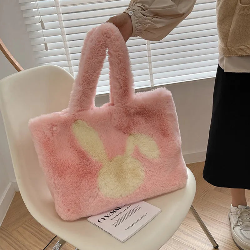 Cartoon rabbit ears plush shoulder bag in solid colour with large capacity interior