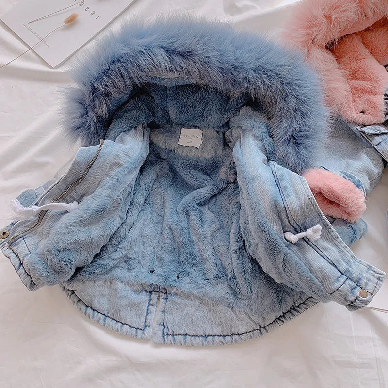 Girls denim coat with fixed hat and plus velvet lining, available in blue and pink, sizes 80cm to 120cm.