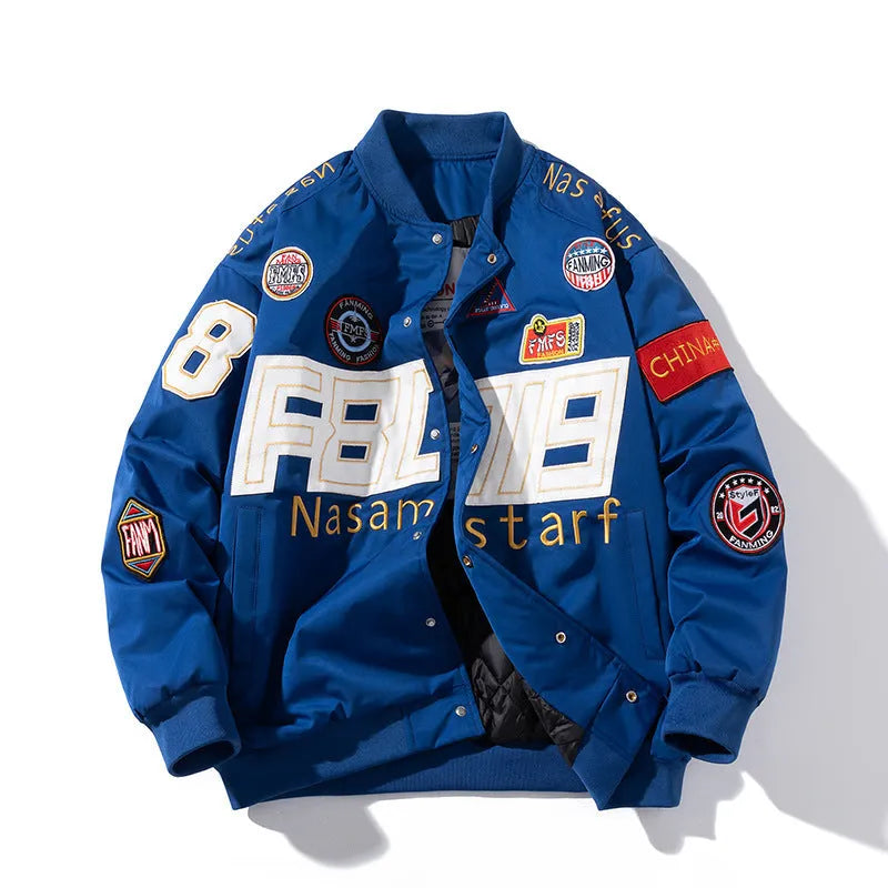 Black cotton-padded American motorcycle baseball jacket with a removable hood and side pockets.