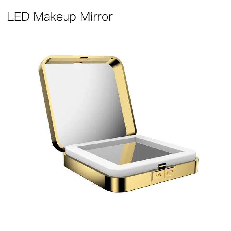 Black and white lighted vanity makeup mirror showing 4x magnifying side and regular mirror with adjustable LED lights.