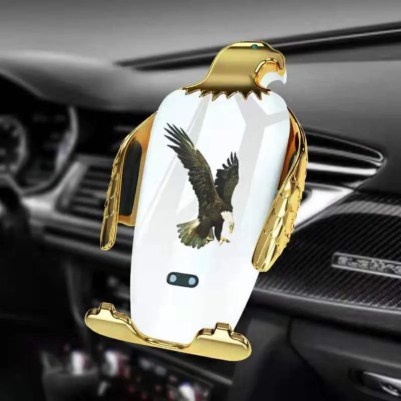 Eagle style wireless charging car phone holder with snap-on suction cup in black and gold.