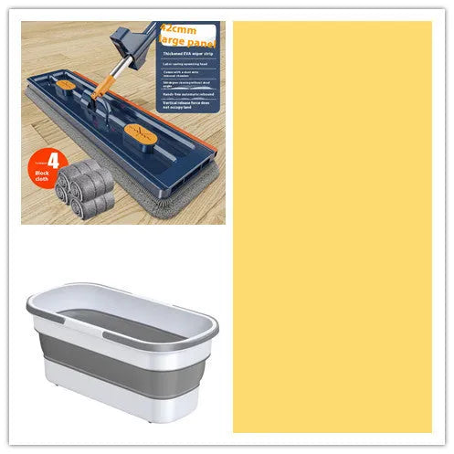 Large flat mop with stainless steel handle and blue mop cloth on hard floor