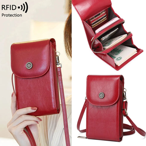 Anti-magnetic phone bag retro wax leather with stitching vertical square shape crossbody strap unisex
