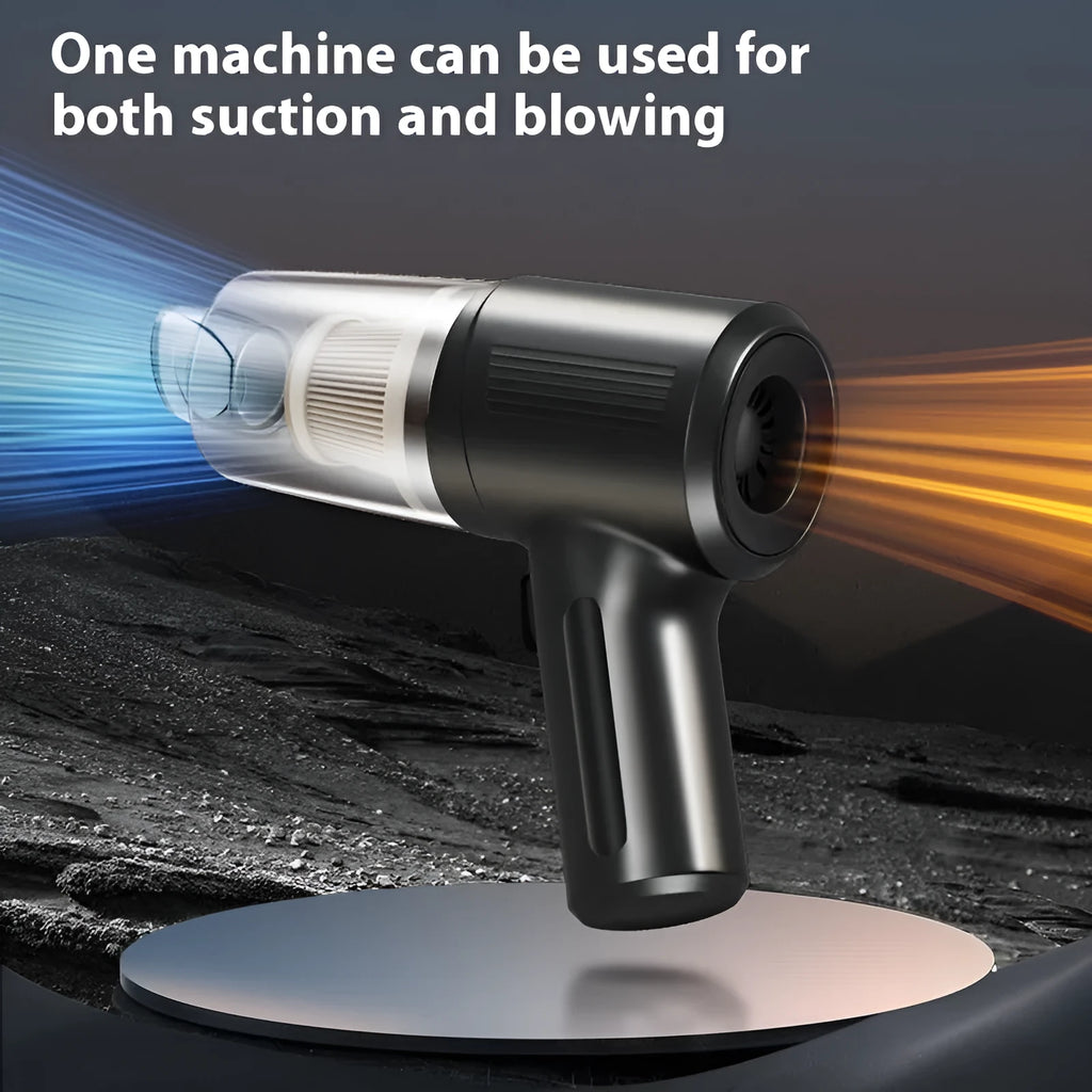 Black portable rechargeable car vacuum cleaner with suction nozzle and blowing nozzle on grey background