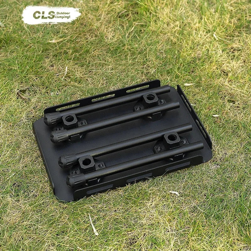 Aluminium dual-use folding camping stool that converts to a small table, shown with tactical storage bag.