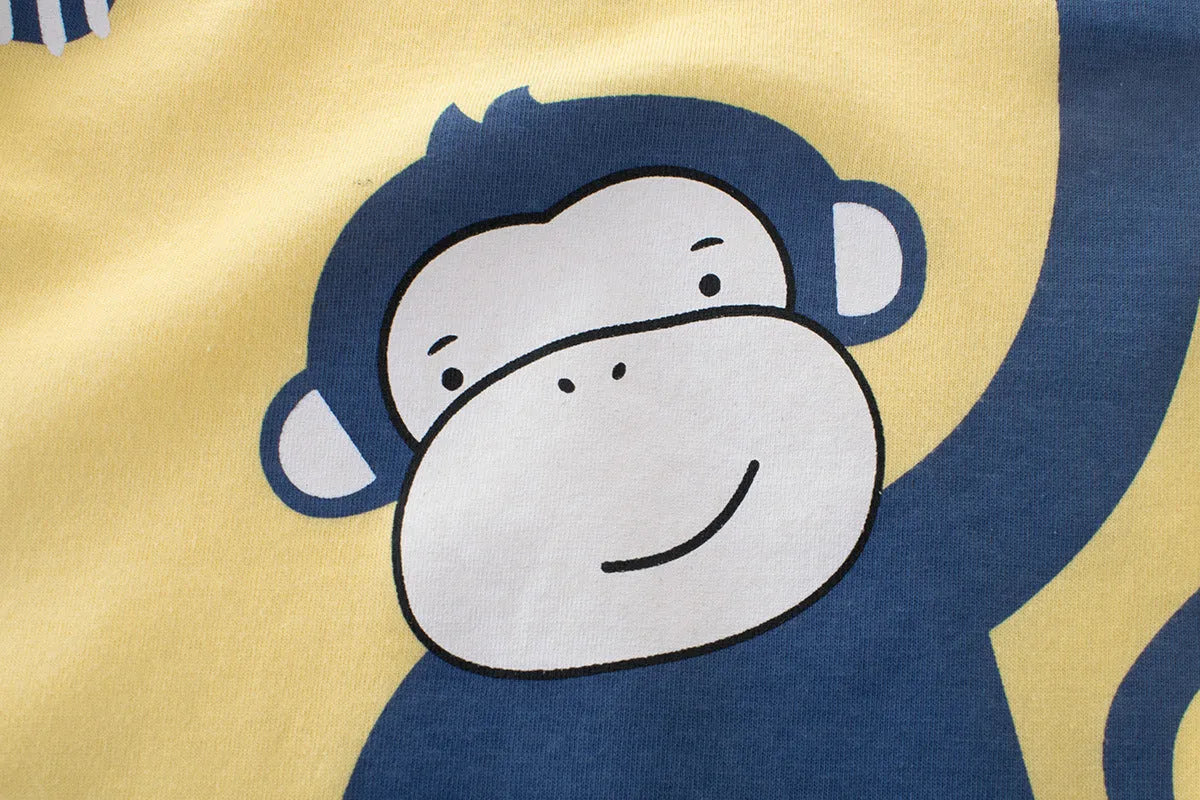 Boys short sleeve cotton T-shirt with cartoon animal print in aqua blue, pale yellow or white, sizes 90-140cm