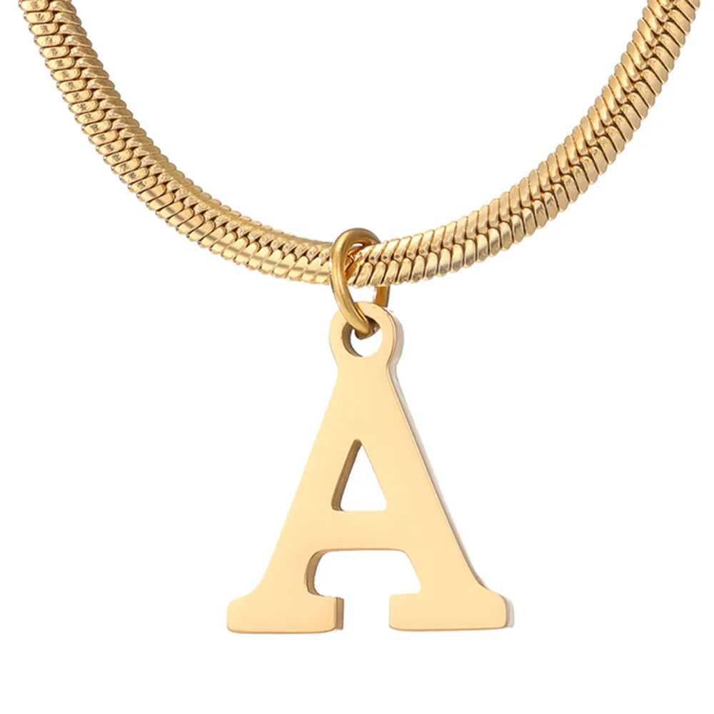 A-Z letter pendant necklace in titanium steel with gold colour snake bones chain, unisex initial jewellery