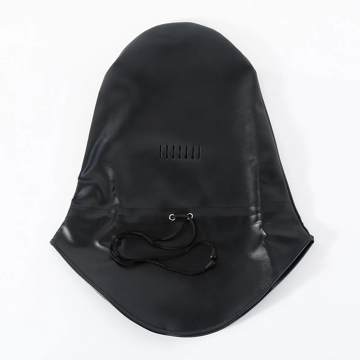 Black leather BDSM mask with adjustable strap for breathable adult training