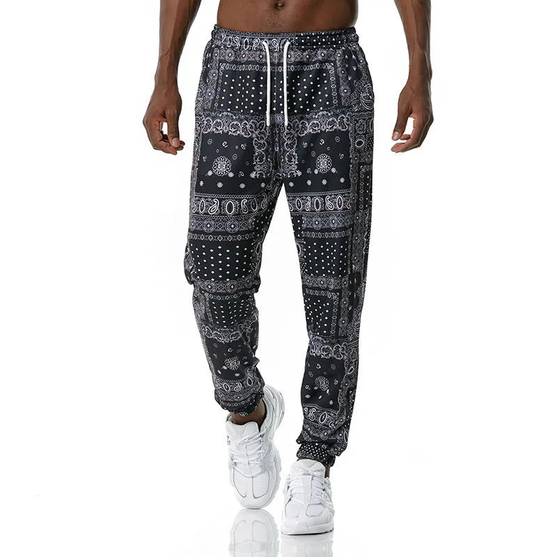 Ethnic printed straight-leg slacks in basic Korean style, mid-rise waist, no belt, available in multiple sizes