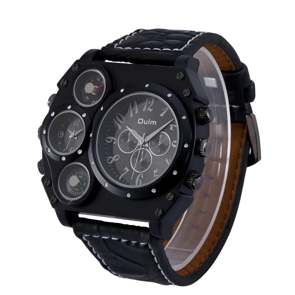 Two places travel time watch for men with two time zones, zinc alloy case 50x58x13mm, PU strap and luminous brown or black dial.