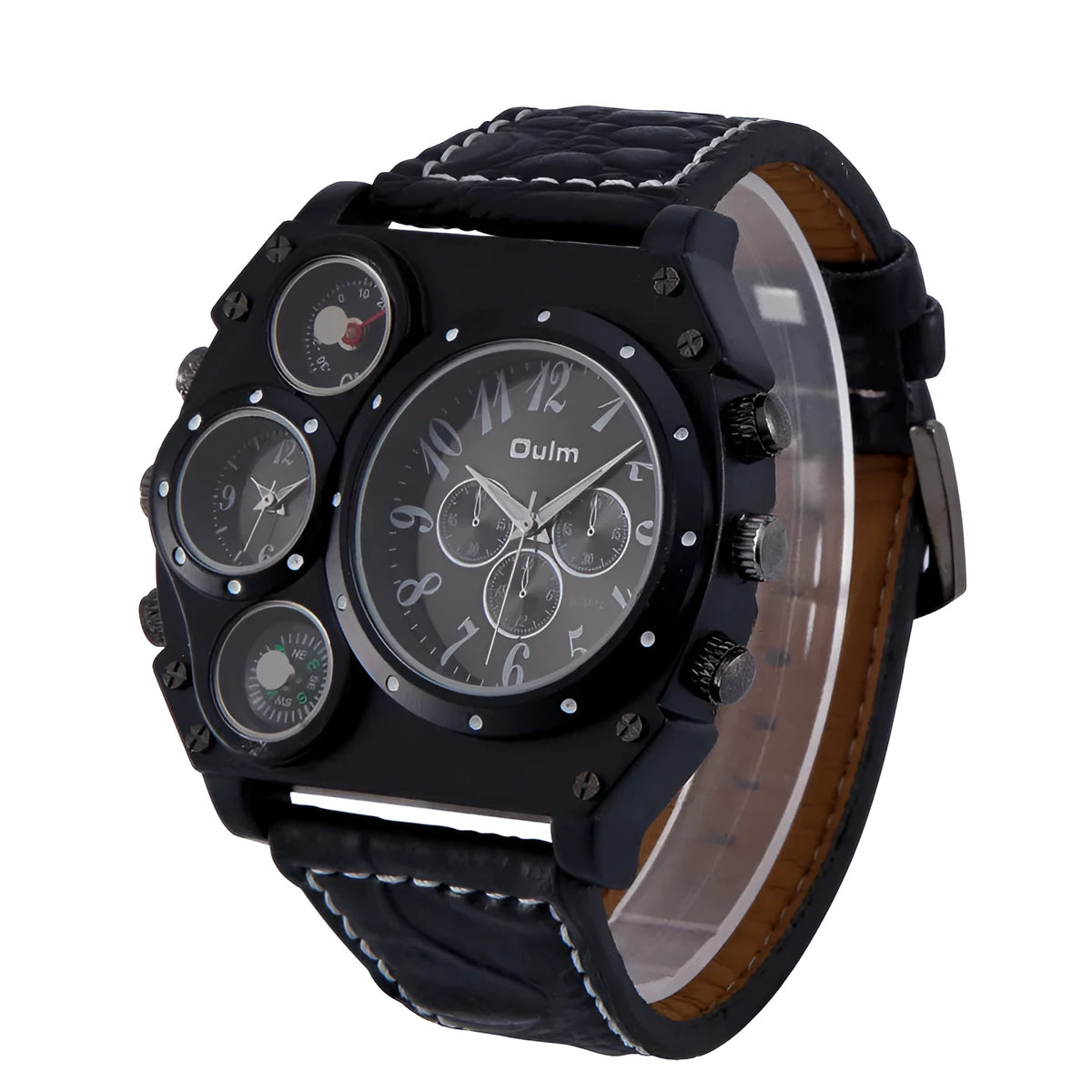 Two places travel time watch for men with two time zones, zinc alloy case 50x58x13mm, PU strap and luminous brown or black dial.