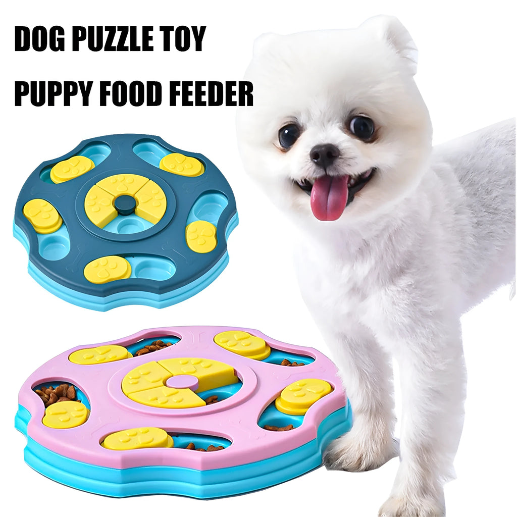 Blue plastic dog puzzle feeder bowl with interactive games for aggressive chewers