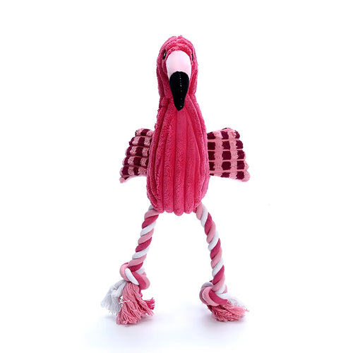 Pink animal-shaped corduroy squeaky dog toy with reinforced stitching
