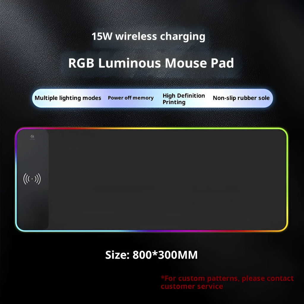 Pure black oversized RGB wireless charging mouse pad with cloth surface, non-slip rubber base, and 3mm thickness