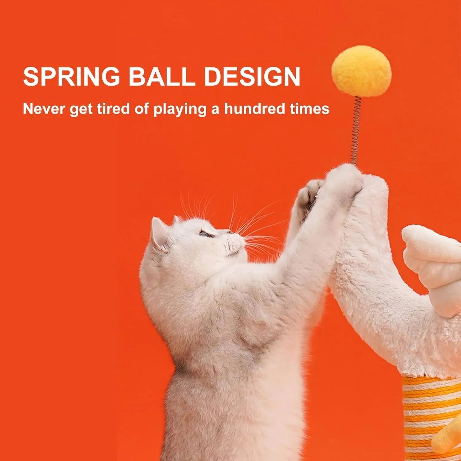 Yellow vertical cat scratching post with sisal wrapping, chicken strip design and spring ball attachment