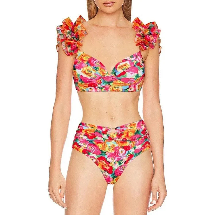 Women's floral push up bikini swimsuit with high waist split design
