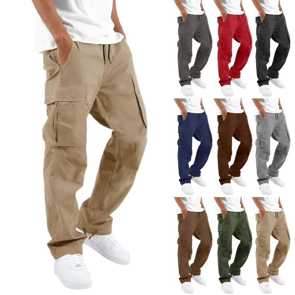 Trade drawstring multi-pocket casual trousers in black cotton blend, loose fit work clothes
