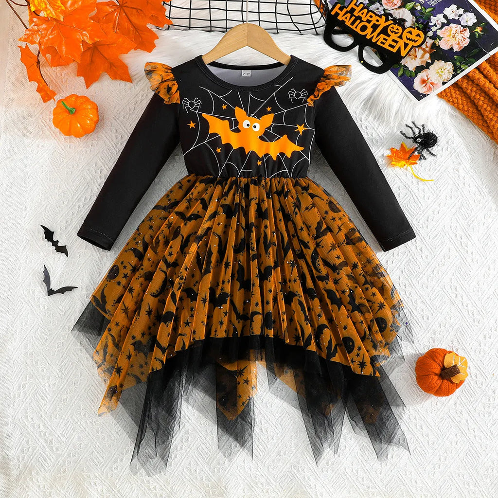 Girls leopard print mesh dress with irregular asymmetric hem in brown or purple, sizes 9-12M to 4-5Y