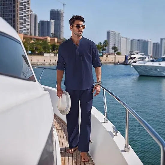 Men's cotton casual suit in solid colour with long sleeves and trousers for spring and autumn leisure wear