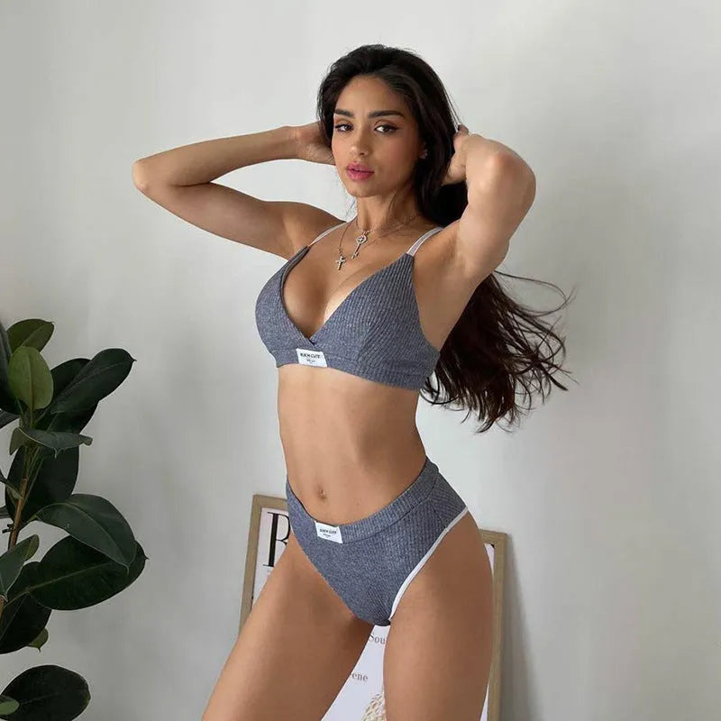 Women's grey contrast binding letters embroidery bikini set with sleeveless top and short shorts