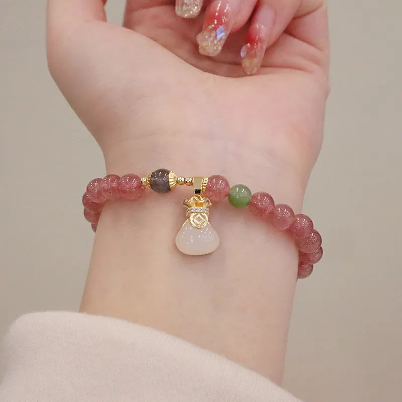Geometric strawberry quartz women's bracelet with peace buckle and lucky bag decoration