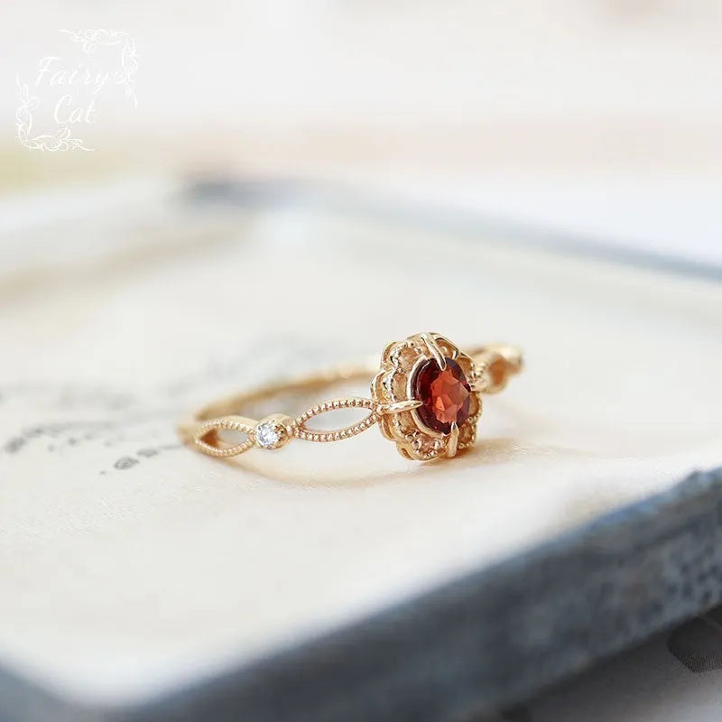 Natural garnet picture frame hollow lace flower ring in adjustable split ring copper with floral motifs