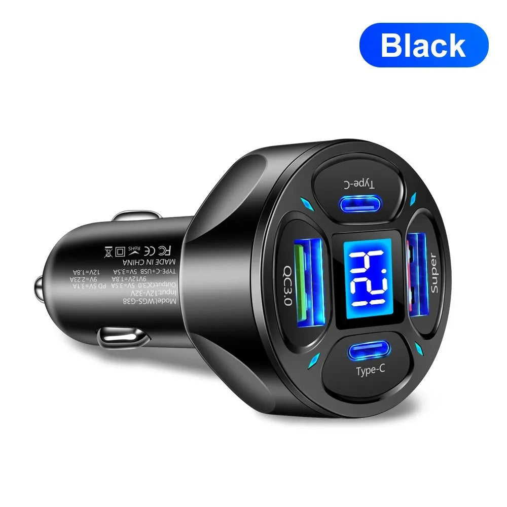 66W digital display car charger with two USB and two Type-C ports for vehicle fast charging