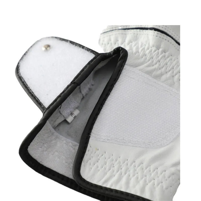 A single white men's golf glove made from breathable half sheepskin leather.