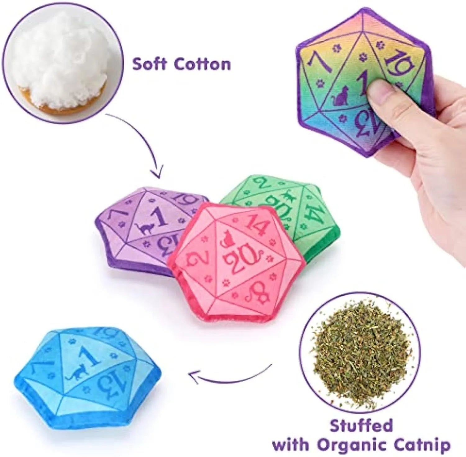 Blue dice-shaped plush cat toy with white pips, filled with organic catnip.