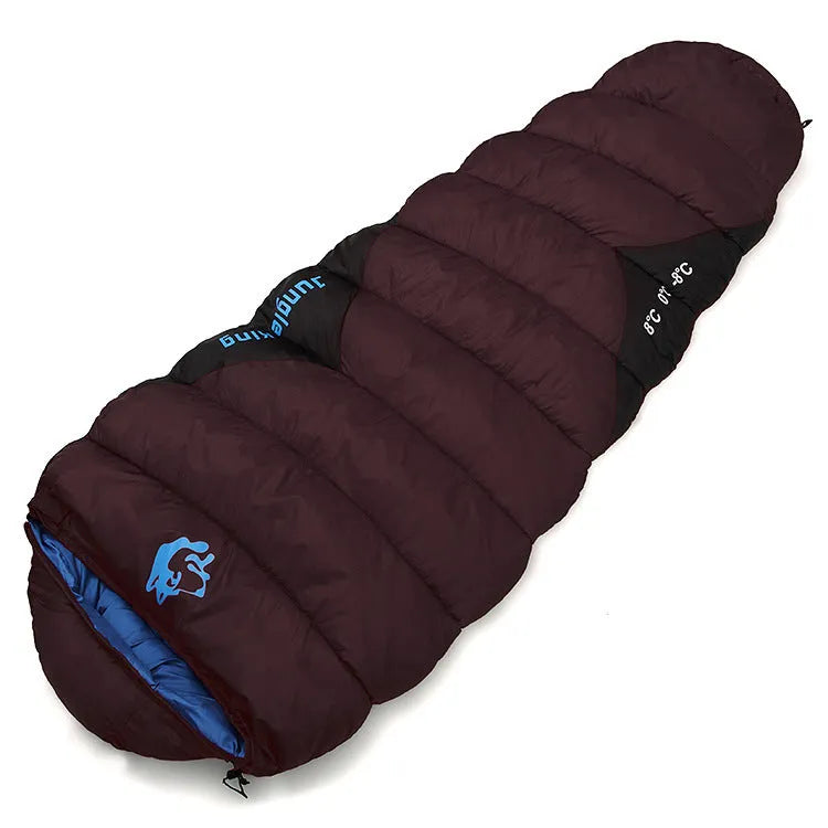 Army green mummy-style camping sleeping bag with compression sack, showing tapered design and zipper.
